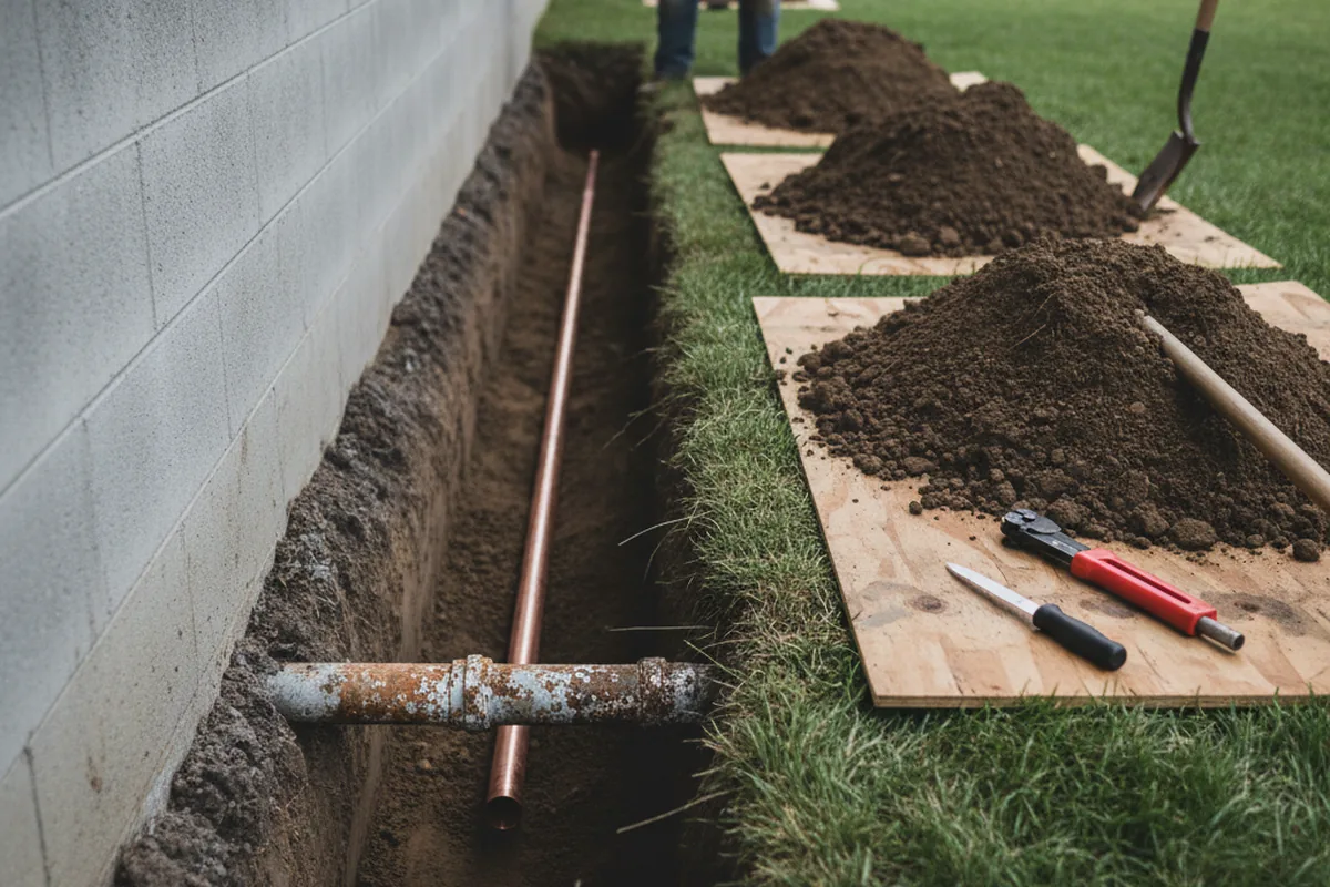 Excavated water line trench during Water Softener Installation in Chauvin